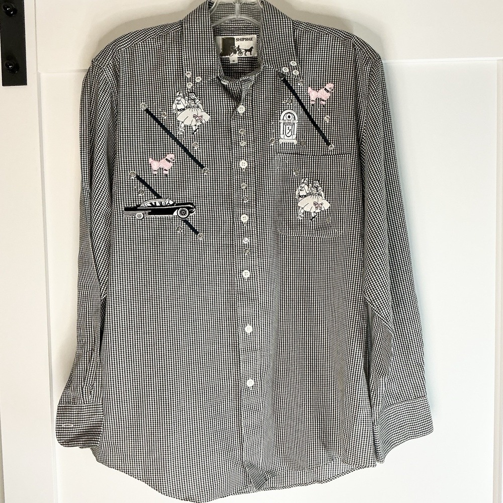 Shipshe Women's Small Gingham Black White Rockabilly Poodle 50's Top Embroidered